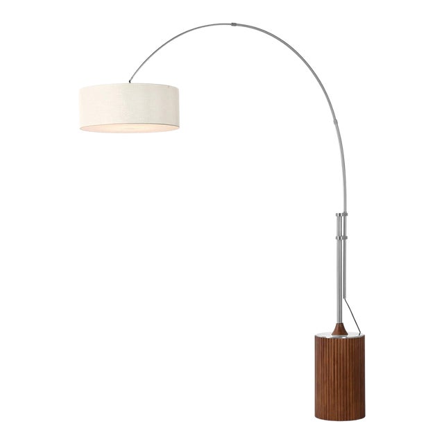 1980s Tambo 92"h 1-Light Arc Lamp, White Linen Shade, Dark Walnut Base, Satin Nickel, Dimmable, for Living Room or Bedroom For Sale