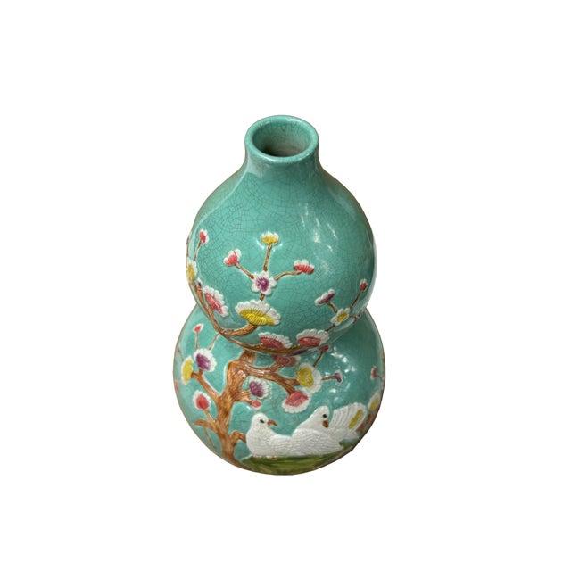 Chinese Celadon Green Crackle Ceramic Scenery Graphic Gourd Shape Vase For Sale In San Francisco - Image 6 of 9