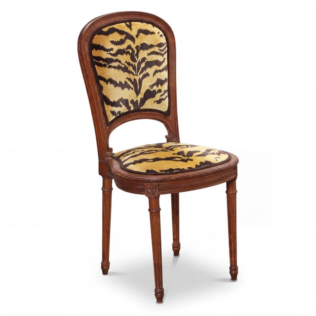 Mid 20th Century Set of 6 French Louis XVI Style Fruitwood Dining Chairs Scalamndre Tiger Velvet For Sale - Image 5 of 8