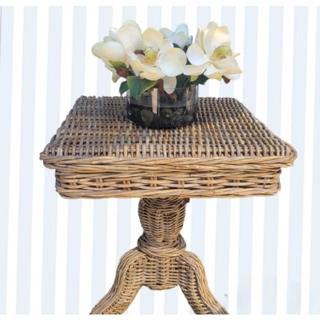 Serena & Lily Rare Solid Weaved Wicker Coastal Regency Square Pedestal Side Table For Sale - Image 4 of 7