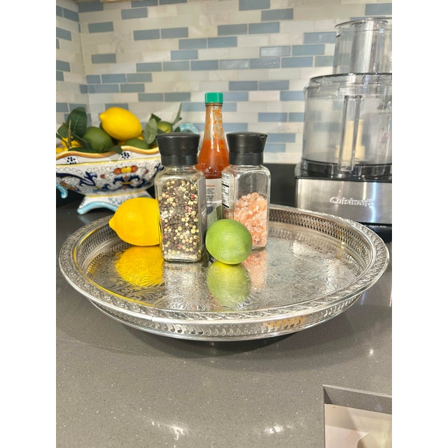 1960s 1960’s “Spring Flowers” Wm. Rogers & Son Silver Plate Gallery Tray Lazy Susan For Sale - Image 5 of 12