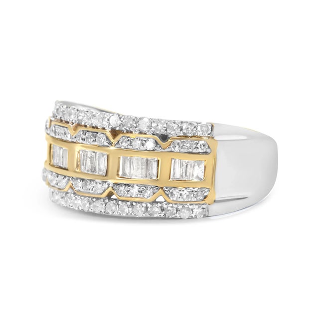 Haus of Brilliance 10K White and Yellow Gold 1.00 Cttw Baguette and Round cut Diamond Art Deco Multi-Row Ring Band (I-J Color, I1-I2 Clarity) - Ring Size 8 For Sale - Image 4 of 7