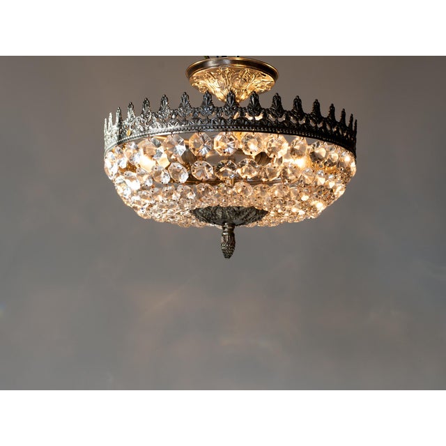 Chrome 1960s Spanish French Empire Nickel Plated Brass Crystal Basket Semi Flush Mounts - A Pair For Sale - Image 8 of 8
