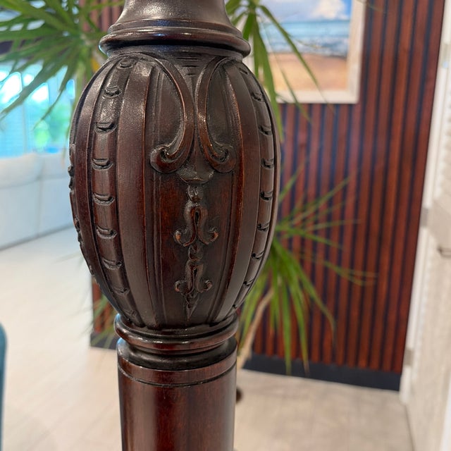 Burgundy Vintage Mid 20th Century Dark Wood Carved Floor Lamp – Ornate Traditional Design For Sale - Image 8 of 8