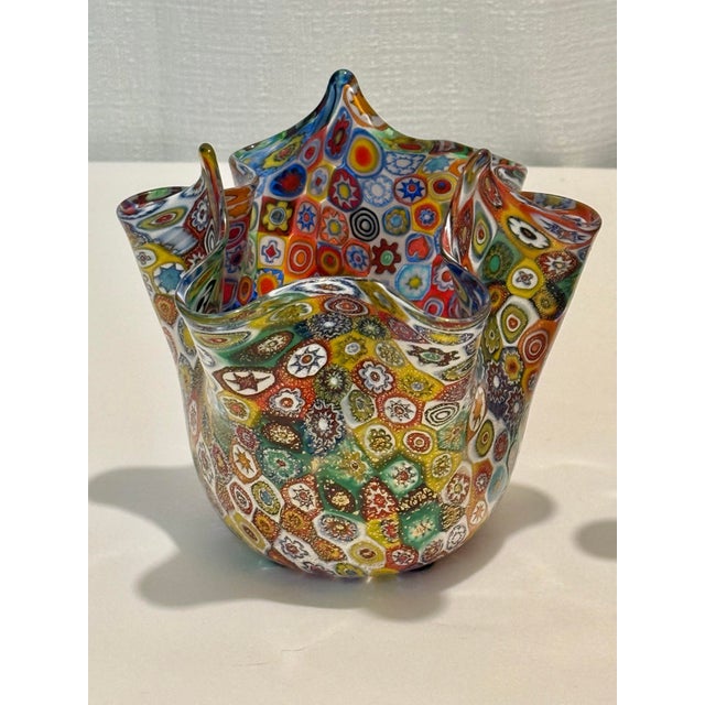 Glass Mid 20th Century Murano Millefiori Glass Handkerchief Vases by Turtle and Crane - Venini Fazzoletto Style For Sale - Image 7 of 9