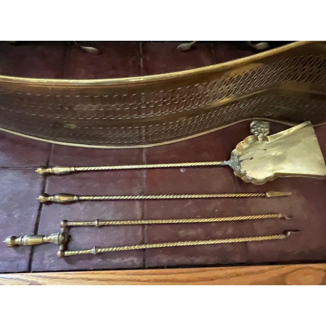 Mid‑Century Brass Pierced Fireplace Fender + Andirons & Tool Set- 6 Pieces For Sale - Image 4 of 12