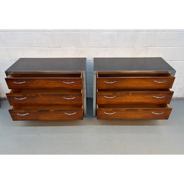 Chrome Pair of Mid 20th Century Rosewood and Chrome Three Drawer Dressers For Sale - Image 8 of 14