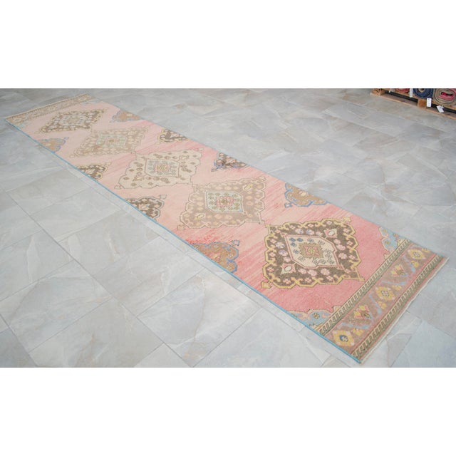 Textile 1960s Traditional Turkish Runner Hand Knotted Distressed Low Pile Pink Hallway Rug Kitchen Decor For Sale - Image 7 of 12