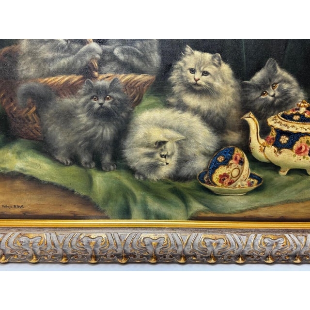 English British Persian Cat Oil Painting by Agnes Augusta Talboys Rwa With Decorative Tea Service For Sale - Image 3 of 18