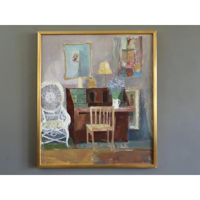 INTERIOR WITH DESK Size: 25 x 21.9 inches cm (including frame) Oil on canvas A warm and inviting mid-century painting that...