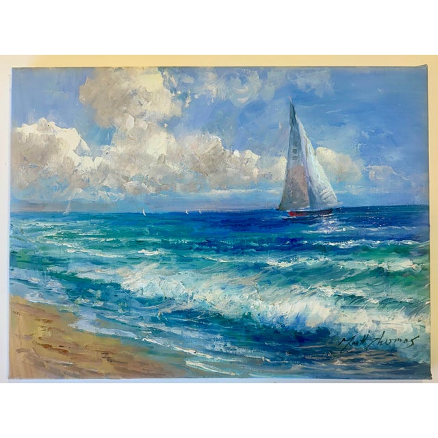 Coastal Sailboat Seascape Clouds — Original Oil Painting by Matt Thomas For Sale - Image 4 of 7
