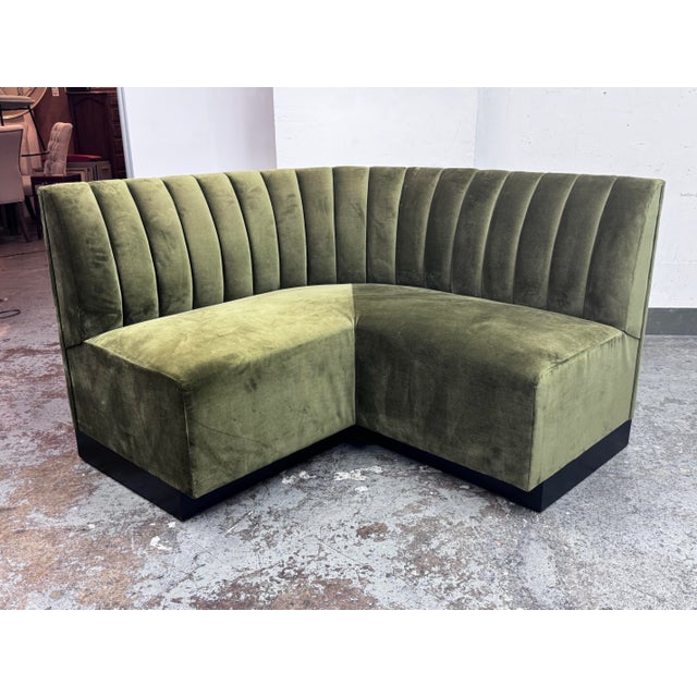Textile Williams-Sonoma Garbo Olive Green Velvet Curved Banquet, Set of Two For Sale - Image 7 of 12