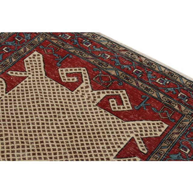 Hand-Knotted Vintage Turkish Rug in Red, Blue, Beige-Brown Geometric Pattern For Sale - Image 4 of 6