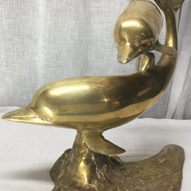 Mid 20th Century Large Brass Dolphin Pair Sculpture With Ocean Rock Base. For Sale - Image 6 of 9