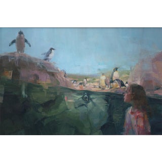 Diver by Elena Burykina | Oil on Paper Girl observing penguins near water's edge. For Sale