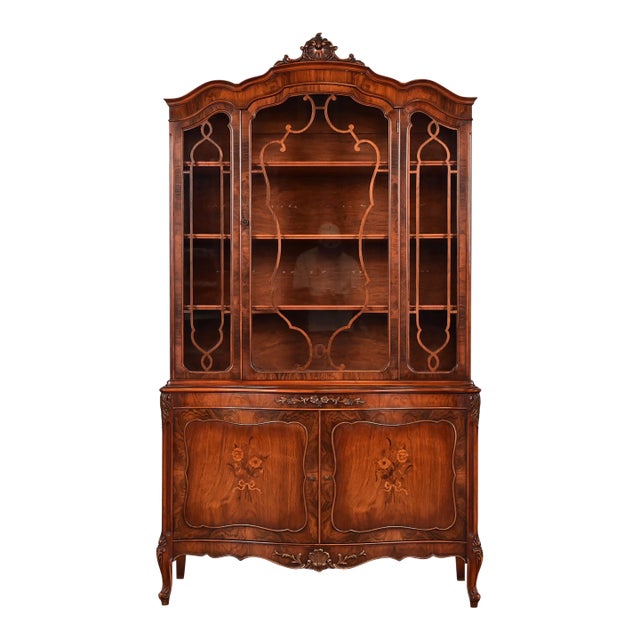 Romweber French Provincial Louis XV Carved Rosewood Inlaid Marquetry Breakfront Bookcase Cabinet, Circa 1920s For Sale