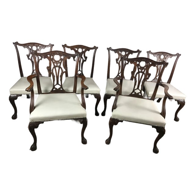 Carved Mahogany Chippendale Dining Chairs, Set of 6, White Faux Leather For Sale
