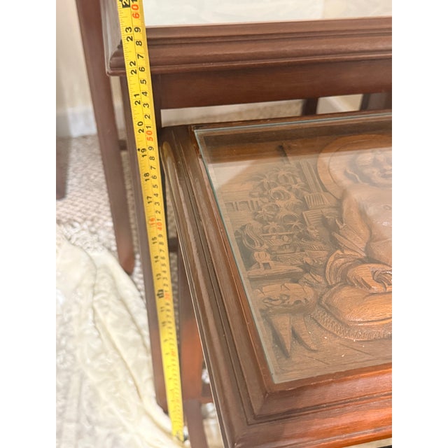 1950s George Zee & Co. Carved Wood Nesting Tables Set With Glass Tops Buddha For Sale In Baltimore - Image 6 of 12