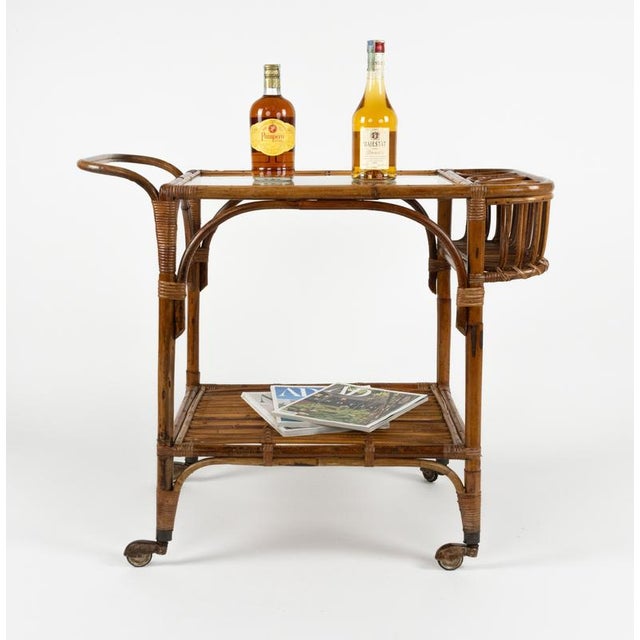 Mid-Century Bamboo, Rattan and Glass Serving Bar Cart in the style of Franco Albini, Italy, 1960s For Sale - Image 14 of 18