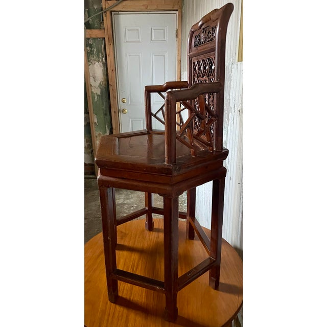 Chinese Antique Asian Chinese Style Carved Hexagonal Petit Delicate Small Chair W/Arms For Sale - Image 3 of 12