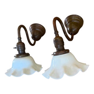 Rare Antique Brass and Wavy Milk Glass Wall Sconces - A Pair For Sale