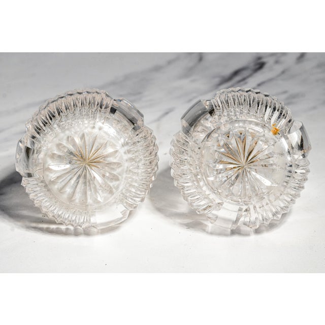 Exceptional Pair Antique English Cut Crystal Perfume Bottles Sterling Silver & Blue Enamel Tops Edwardian Vanity Set Home Decor For Sale - Image 18 of 18