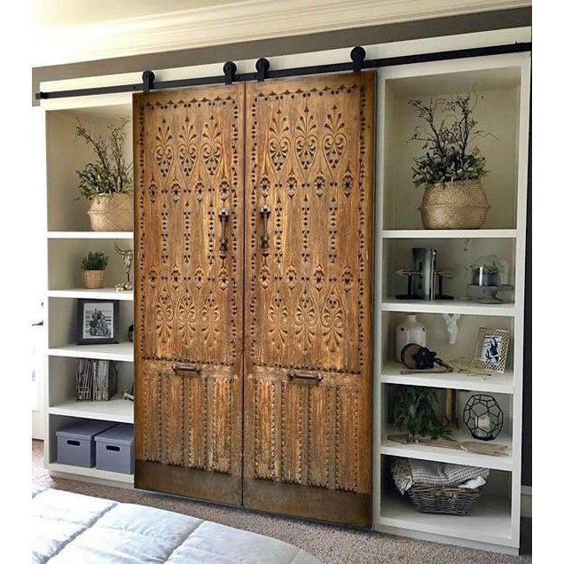 Wood Gothic Revival Carved Solid Wood Entry Door – Fleur-De-Lis Pattern & Iron Clavos For Sale - Image 7 of 11