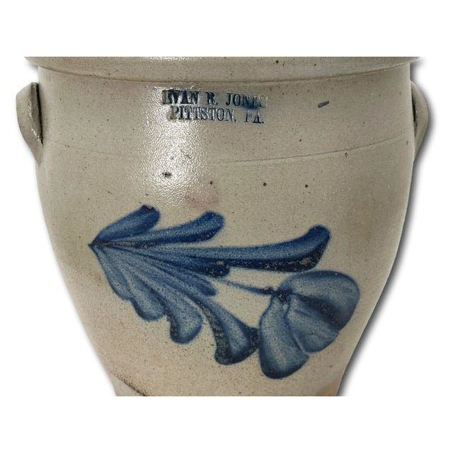 Rare Small 1 Gallon Size Antique Evan Jones Pittston Pennsylvania Blue Decorated Stoneware Cream Jar With Handles For Sale In Boston - Image 6 of 12