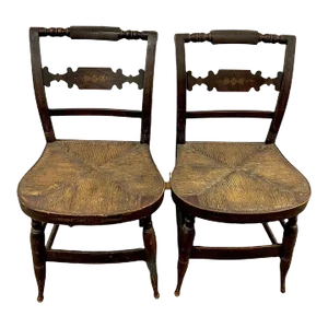 New England Hitchcock Style Chairs with Woven Rush Seats - A Pair