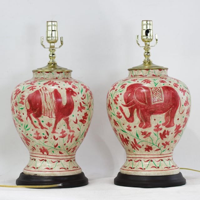 Pair of Vintage Brunschwig & Fils Cadiz Table Lamps - Red and Cream Ceramic With Elephant and Camel Motif For Sale - Image 4 of 13