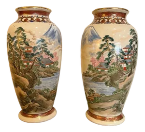 Late 20th Century Pair of 7" Decorative Japanese Style Vases - Gold Accent Porcelain Shelf Decor