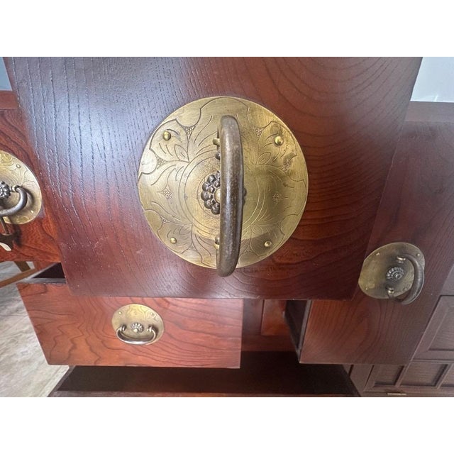 Late 20th Century Japanese Edo–Meiji Style Puzzle Tansu Cabinet, Two-Piece Elmwood Chest With Brass Hardware For Sale - Image 4 of 14