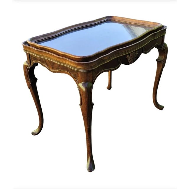 Wood 1940s George III Style Carved Rectangular Mahogany Glass Tray Top Side Table For Sale - Image 7 of 9