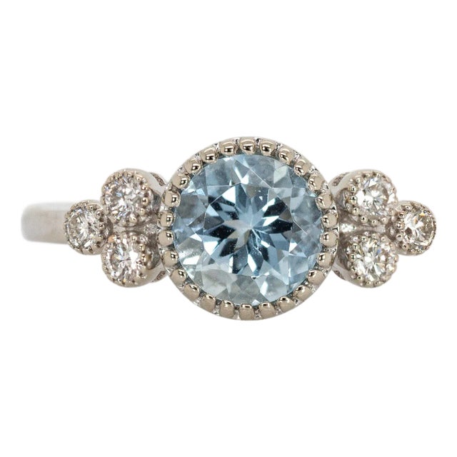 Brazilian Aquamarine and Natural Diamond Ring in 14k Solid Gold | Round 6.5mm, Size 6.75 For Sale