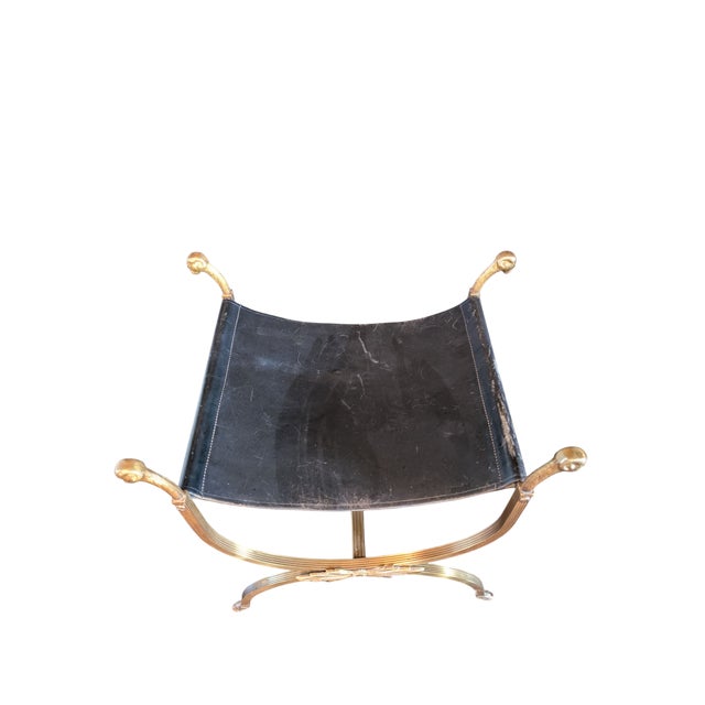 Brass 1960s Maison Jansen-Style Brass and Leather Stool With Ram's Head Decoration For Sale - Image 8 of 12