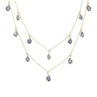 10.8ct Sapphire Teardrop Shape Two Strand Chain Necklace in 18k Yellow Gold For Sale
