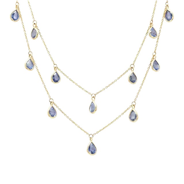 10.8ct Sapphire Teardrop Shape Two Strand Chain Necklace in 18k Yellow Gold For Sale