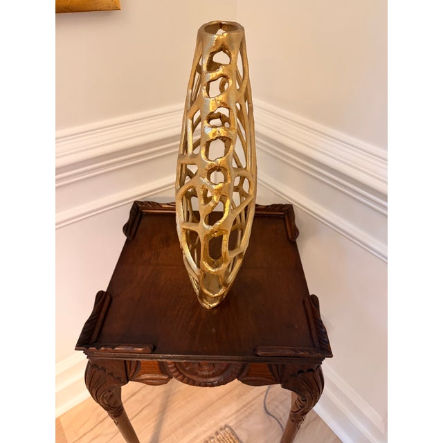 Sculptural Openwork Large Gold Aluminum Vase – Organic Modern Lattice Vessel For Sale In Charleston - Image 6 of 7