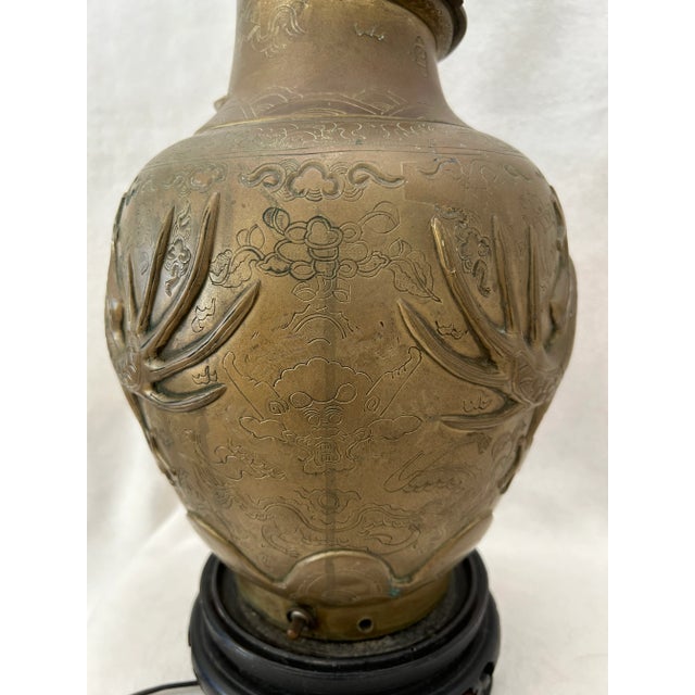 Wood Antique Chinese Bronze Relief Dragon Vase Double Socket Table Lamp For Sale - Image 7 of 12