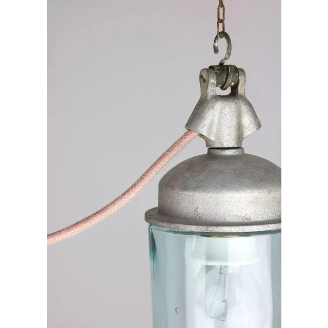 Vintage Industrial Blue Glass and Grey Metal Pendant Lamps, 1950s, Set of 2 For Sale - Image 9 of 16