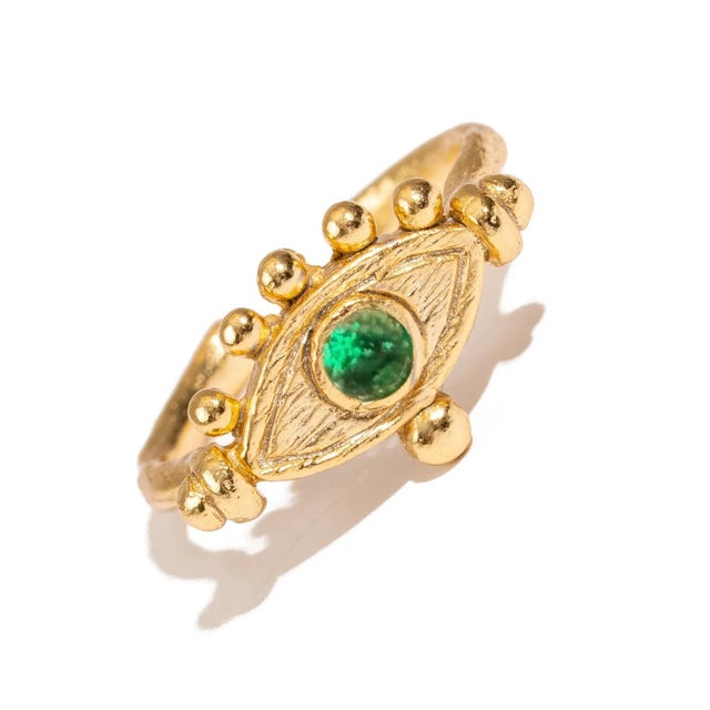 Modern Mystic Emerald Evil Eye Gold Adjustable Band Ring, Size 8 For Sale - Image 3 of 7
