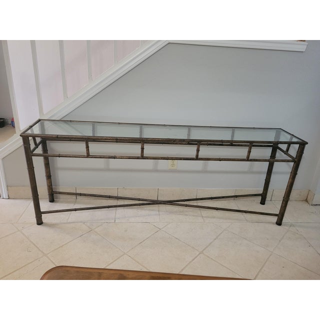 Vintage Faux‑Bamboo Metal Console Table With Glass Top For Sale - Image 12 of 12