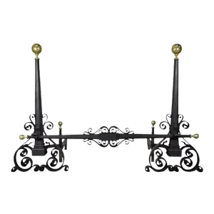 Antique Mission Arts & Crafts Scrolling Wrought Iron & Brass Large Andiron Set