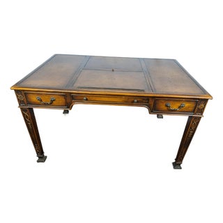 Late 20th Century Theodore Alexander Regency Style Mahogany & Leather Writing Desk With Carved Ribbon Motif Legs For Sale