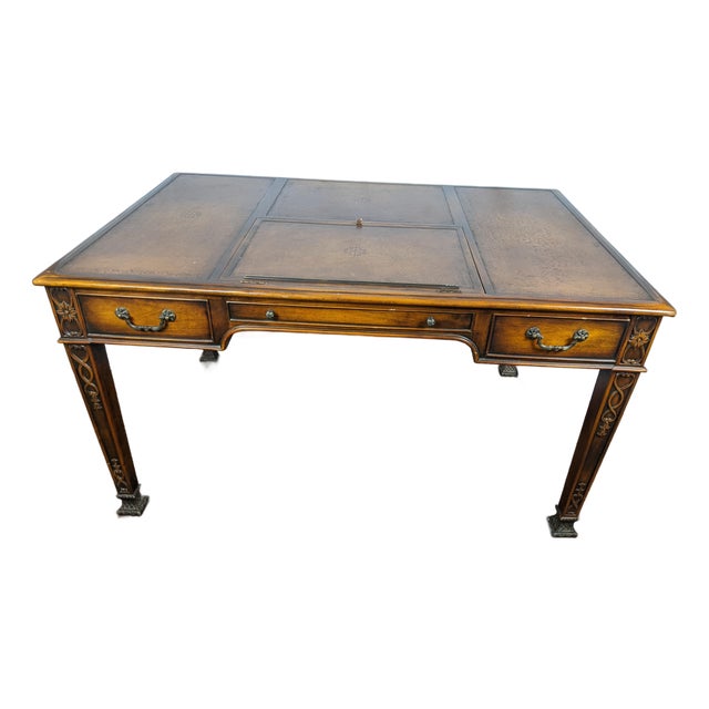 Late 20th Century Theodore Alexander Regency Style Mahogany & Leather Writing Desk With Carved Ribbon Motif Legs For Sale