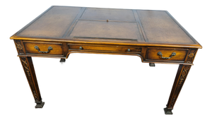 Late 20th Century Theodore Alexander Regency Style Mahogany & Leather Writing Desk With Carved Ribbon Motif Legs