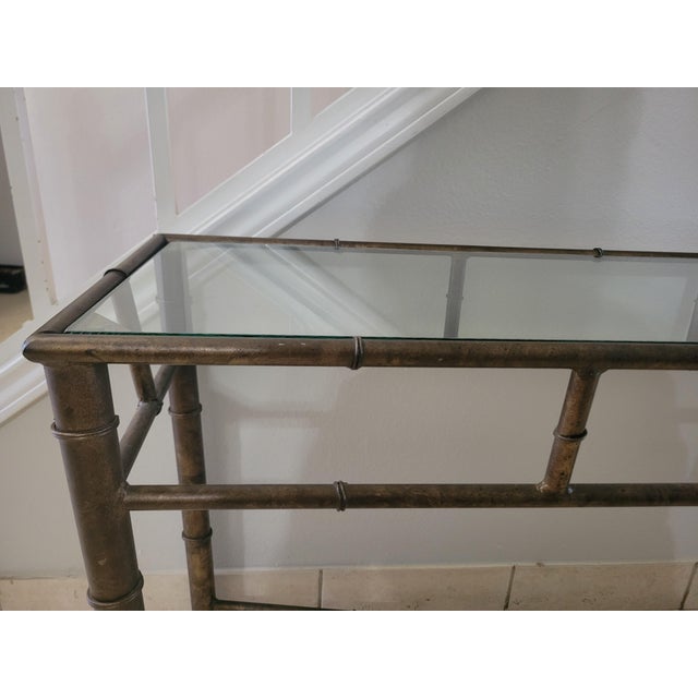 Vintage Faux‑Bamboo Metal Console Table With Glass Top For Sale - Image 10 of 12
