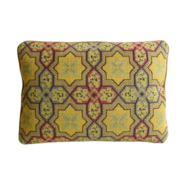 Custom-tailored designer pillow in Clarence House "Saratoga Mustard" gros-point woven cotton blend fabric. Gold cotton-...