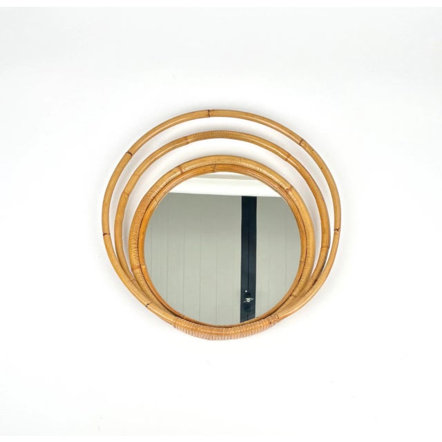 Mid-Century Italian Three Level Round Bamboo & Rattan Wall Mirror, 1960s For Sale - Image 3 of 14