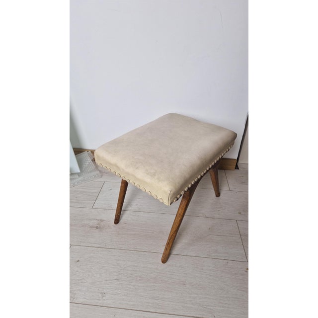 Ottoman in Light Wood with Eco-Leather Upholstery, 1950s, in Good conditions. Designed 1950 to 1959